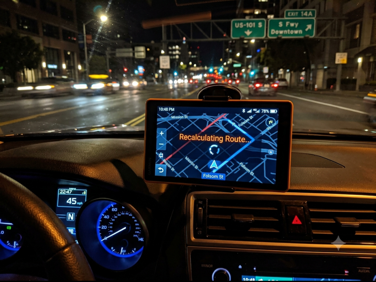 A glowing GPS device recalculating a route at night